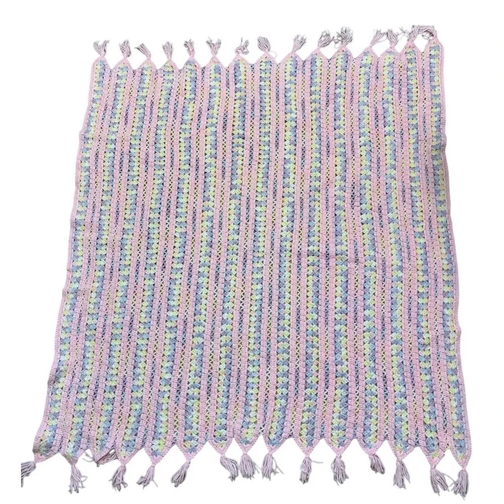 Vintage Afghan Throw Blanket Crochet Handmade Striped Baby Pink Pastels‎ 55x49